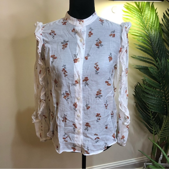 Ann Taylor Floral Linen Long Sleeve High-neck Ruffle Ivory Blouse Oversized XS - Picture 2 of 8